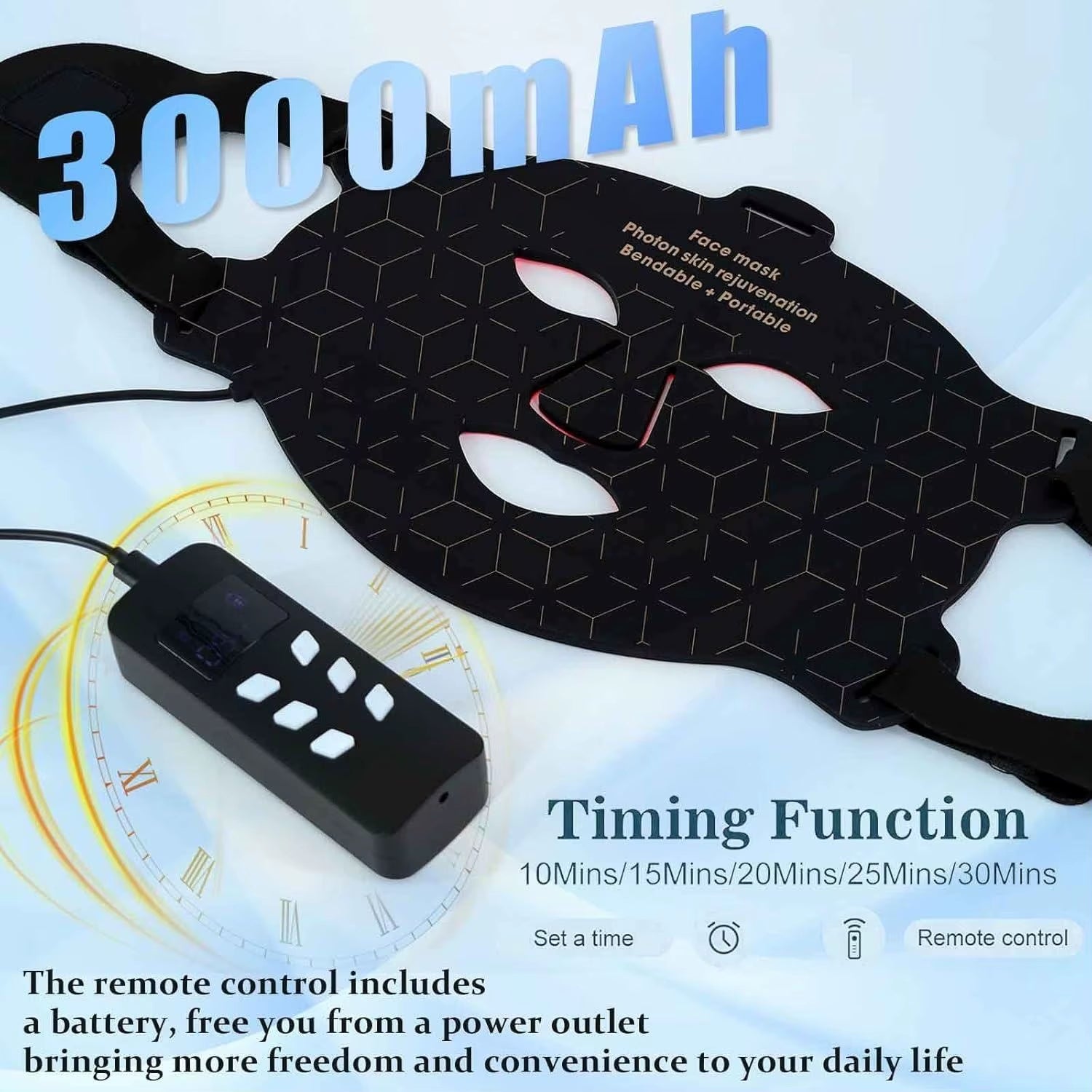 Sunsred Red Light Therapy Mask 4 Modes Wireless LED 3000Mah Rechargeable Timer Controlled 850Nm/660Nm Infrared LED Facial
