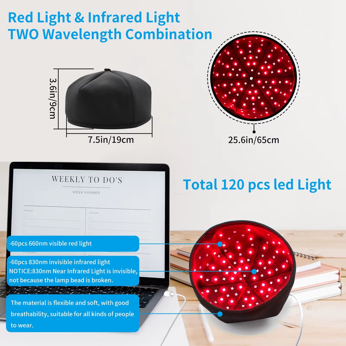 AZURE Adjustable Helmet 660Nm 830Nm Pulsed LED Red Light Therapy Cap Three-Level Brightness Home Use